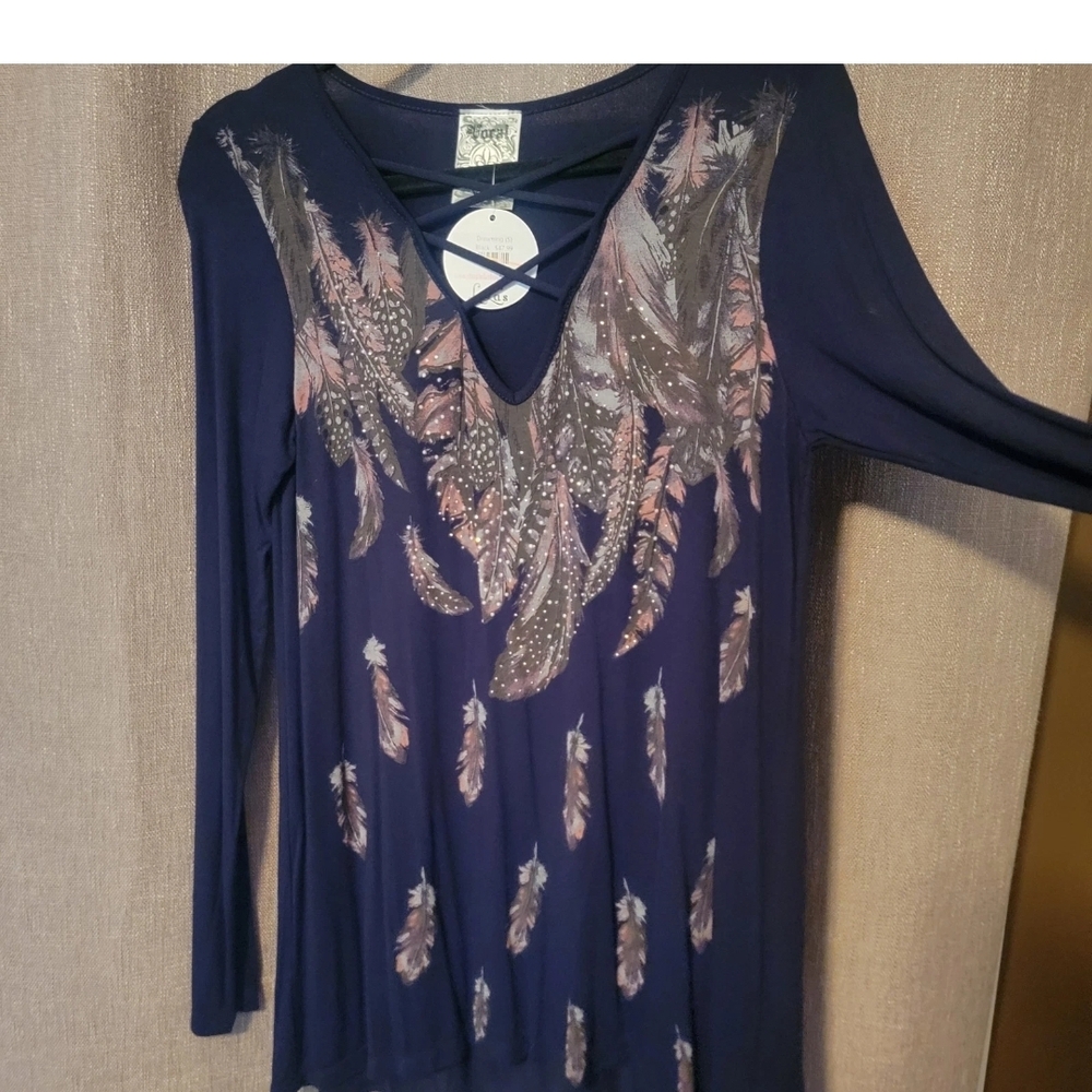 New VOCAL Womens Crystal Jeweled Black Feather Criss-cross Neck Small Top Shirt